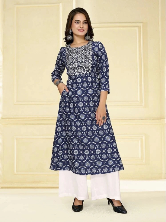 Rangita Women Rayon Blue Embroidered Calf Length A-line Kurti - None