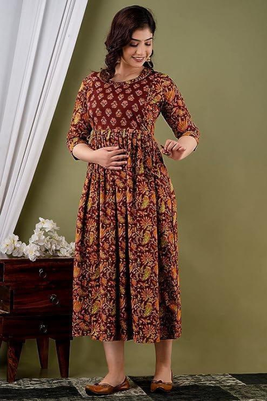 KASHVI Creation Women's Cotton Floral Printed Anarkali Maternity Feeding Kurta ( Brown)