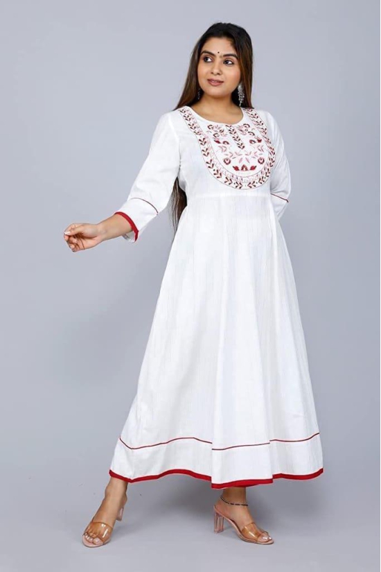 Monika Fashion Women Rayon Fabric Designer White Color Anarkali Kurta