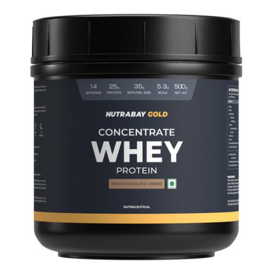 Nutrabay Gold 100% Whey Protein Concentrate with Digestive Enzymes - 25g Protein, 5.3g BCAA, 3.9g Glutamic Acid - 500g, Rich Chocolate Crème