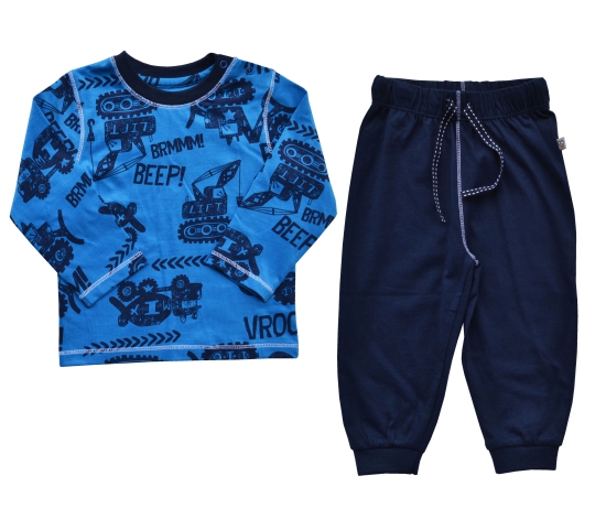 Blue Allover Car Printed T-Shirt + Navy Long Pant Set (100% Cotton Jersey)