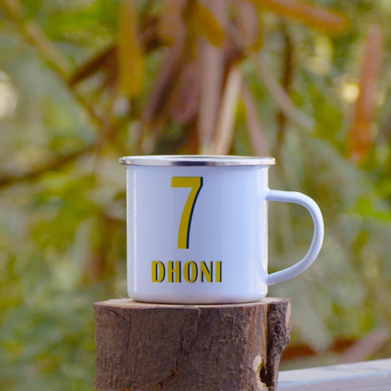 Indigifts Cricket Dhoni Enamel Mug 250 ML|Unbreakable Coffee, Tea Cup|Safe For Kids|Drinking Tea Cup For Outdoor & Indoor|WHITE|