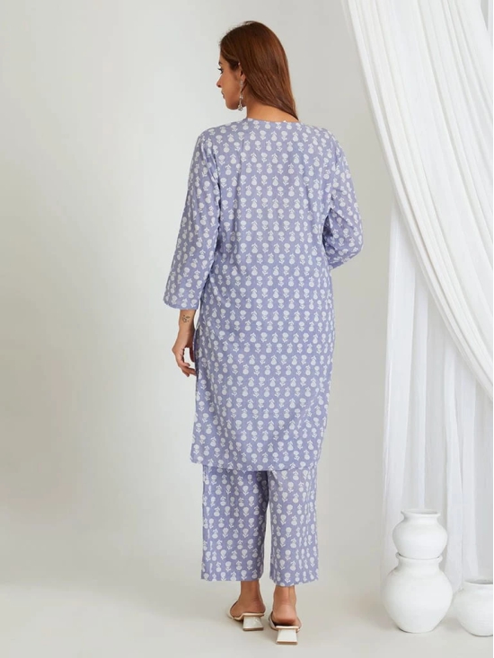 BREATHABLES Women Cotton Printed Loungewear Kurta and Pants Co-ord Set 3/4 Sleeve V Neck Comfort Loose Fit Lavender I Night Wear | Co-ord set | Lounge Wear Set