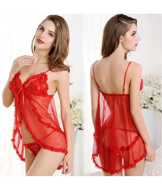 Celosia Net Baby Doll Dresses With Panty - Red Single - Free Size