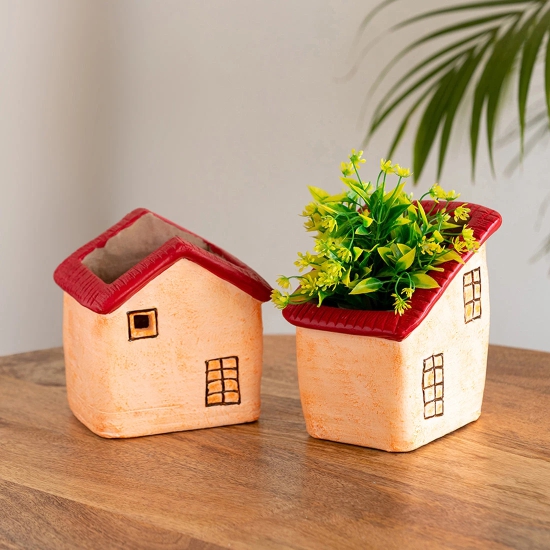 Homely Cottages Handmade & Hand-Painted Terracotta Table Planters Flower Pots (Set of 2, 6.1 & 5.7 Inches, Peach)