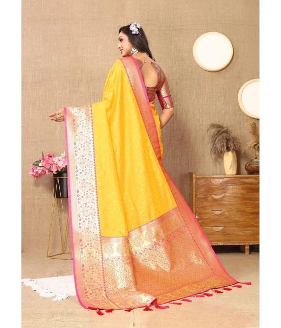 OFLINE SELCTION Silk Blend Self Design Saree With Blouse Piece - Yellow ( Pack of 1 ) - Yellow