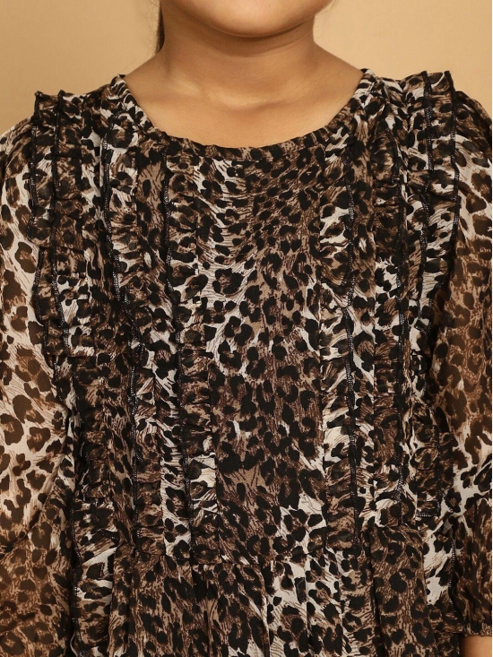 MINI & MING Girls Animal Printed Puff Sleeve Georgette A-Line Dress