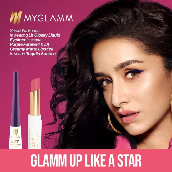 MyGlamm Combo Of LIT Creamy Matte Lipstick + Glossy Liquid Eyeliner | Long Lasting, Creamy Lipstick & Water-proof & Smudge-proof Eyeliner