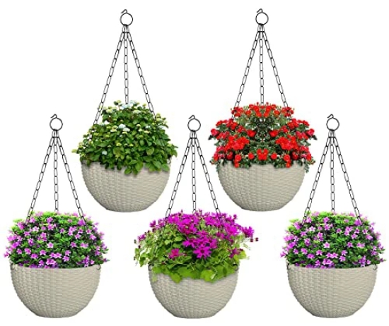 Kuber Industries Plastic Hanging Flower Pot for Balcony  Railing Set of 5 White 53KM3838-Kuber Industries Plastic Hanging Flower Pot for Balcony & Railing Set of 5 (White) 53KM3838