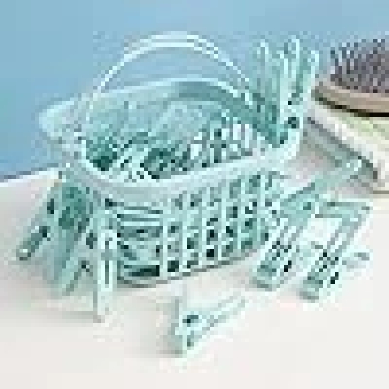 KATHIYAWADI 30-Piece Cloth Drying Clips Set with Convenient Hanging Storage Basket | Blue