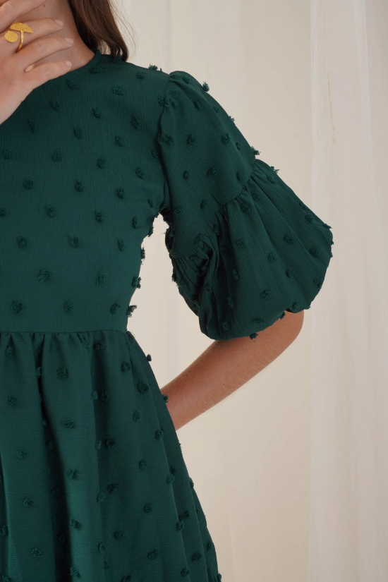 Women Georgette Puff Sleeves Tiered Dress-L / Green