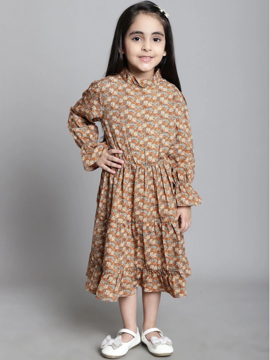 MINI & MING Girls Floral Print Mock Neck Bell Sleeves Crepe Shirt Midi Dress