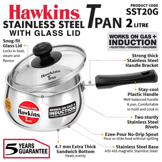 Hawkins 2 Litre Tpan, Stainless Steel Tea Pan with Glass Lid, Induction Sauce Pan, Chai Pan, Saucepan, Silver (SST20G)