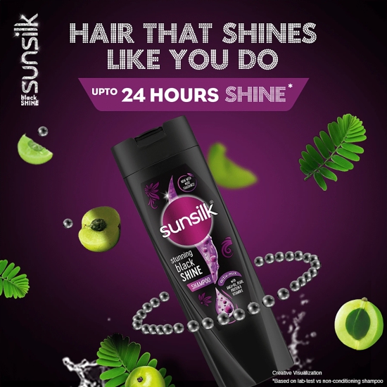 Sunsilk Stunning Black Shine Shampoo - With Amla + Oil, Pearl Protein & Vitamin E, For Long Lasting Shine, 180 Ml