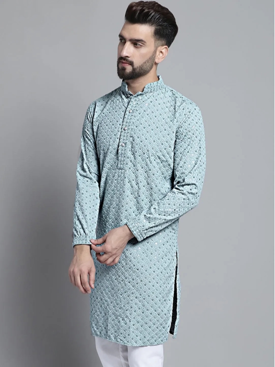 Men Blue Chikankari Embroidered and Sequence Kurta Only-XXL / Blue