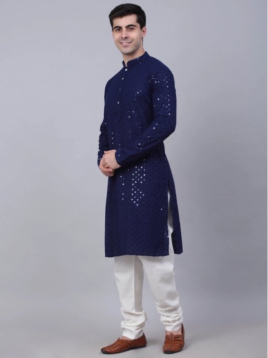 Men Navy Blue Chikankari Embroidered and Sequence Kurta with Churidar-S / Navy-Blue