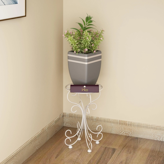 Wooden Twist Metal Plant Stand Patio Indoor Outdoor Wrought Iron/Flowers Planter Shelf (1 Tier White)-Pack of 1