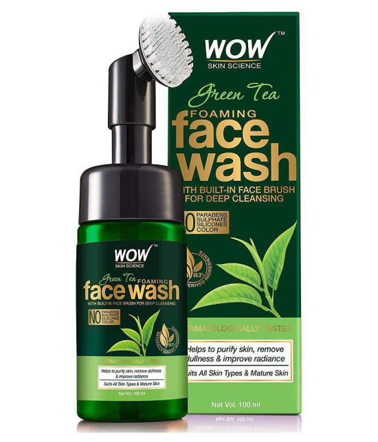 WOW Skin Science Green Tea Foaming Face Wash with Built-In Face Brush - With Green Tea & Aloe Vera Extract - For Purifying Skin, Improving Radiance - No Parabens, Sulphate, Silicones & Color