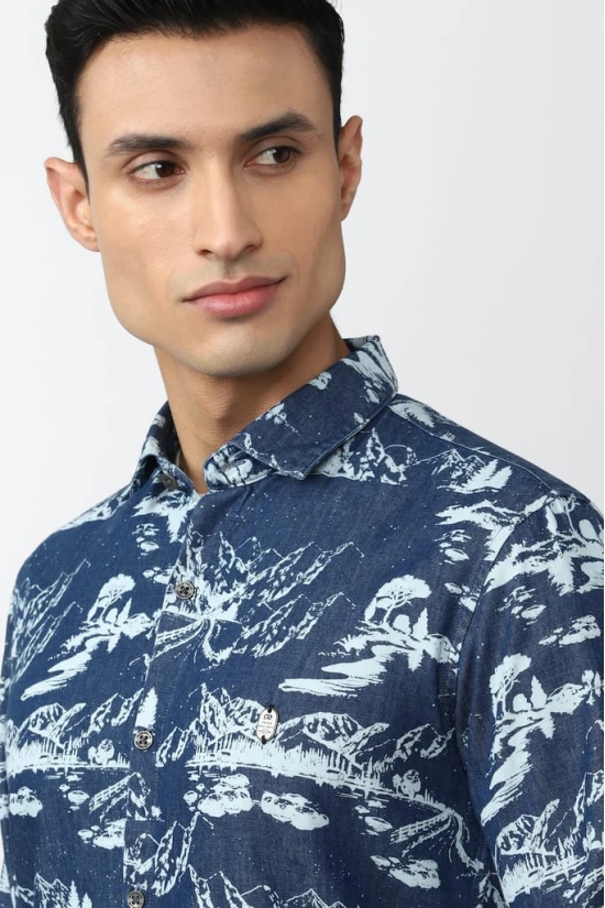 Men Blue Slim Fit Print Full Sleeves Casual Shirt