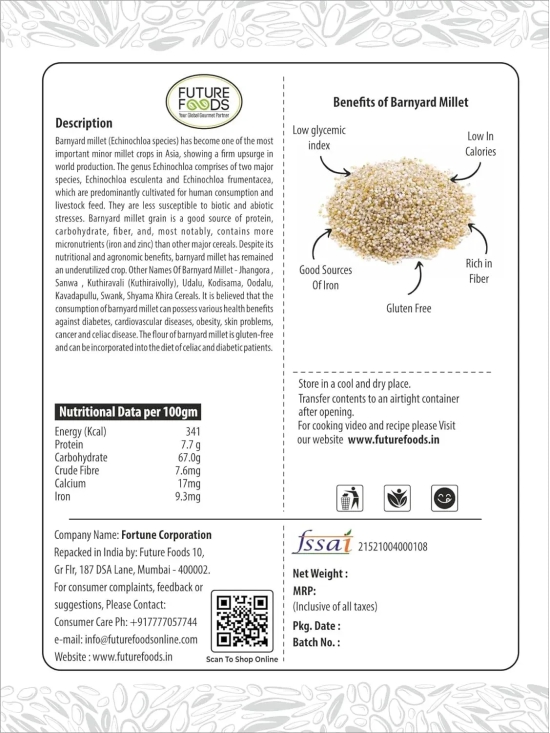 Future Foods Premium Barnyard Flour | Jhangora/Sanwa | Gluten Free | Fiber Rich | Good Source of Iron | With Essential Vitamins & Minerals | Ideal for Celiac & Diabetes Patients | 450g