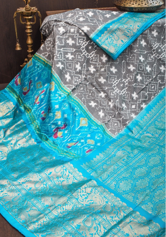 Gray Ikkat Patola  Kanjivaram Fusion Silk Saree with wide zari border |SILK MARK CERTIFIED