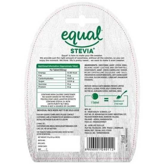 Equal Stevia Natural Sugar Free Sweetener Tablets - Low Calorie, 100 Tablets