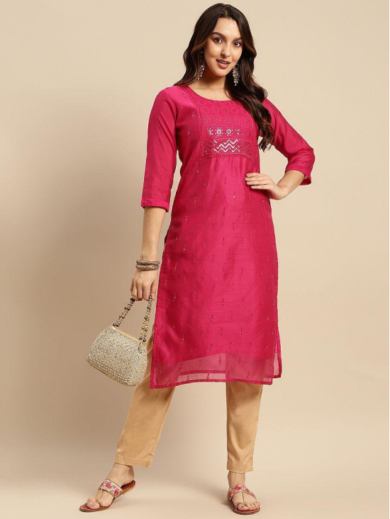 Rangita Women Chanderi Pink Sequin Yoke Embellished Calf Length Straight Kurti - None