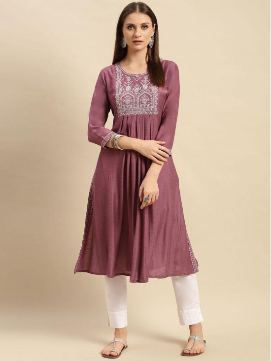 Rangita Women Viscose Blend Mauve Yoke Embroidered Calf Length Partywear A-Line Kurti - None