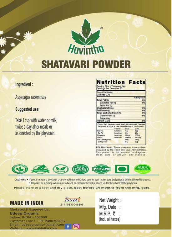 HAVINTHA shatavari powder for immunity cough cold women reproductive health stress anxiety 227 grams