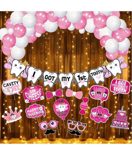 Zyozi I Got My First Tooth Decoration | First Tooth Decoration Items for Baby Girl - Tooth Banner, Balloons with Photo Booth Props & Rice Light (Pack Of 43) - Pink