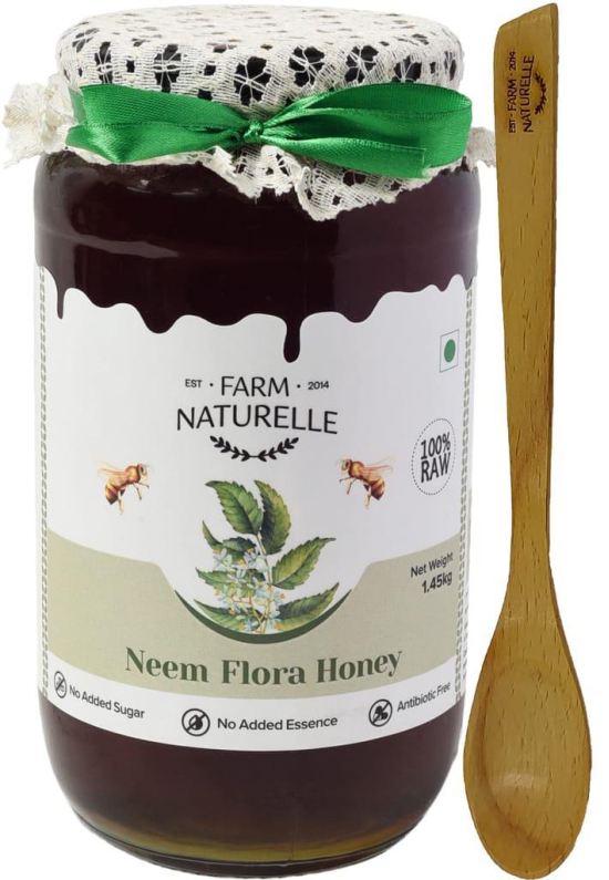 Farm Naturelle Neem Forest Flower Wild Honey 1.45kg |100% Pure Honey | Raw & Unfiltered|Unprocessed|Lab Tested Honey In Glass Jar with Engraved Virgin Wooden Spoon