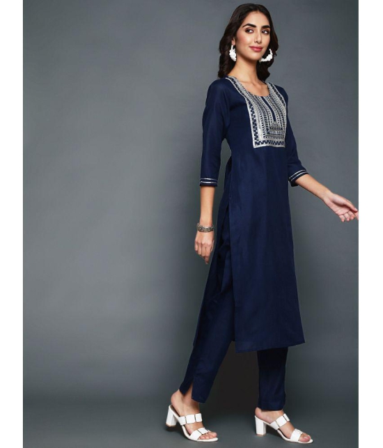 Antaran Cotton Blend Embellished Kurti With Pants Womens Stitched Salwar Suit - Navy ( Pack of 1 ) - None