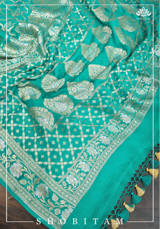 Banarasi Silk Georgette Saree in Alfi Sona Rupa Jaal Weave in Tiffany blue with Stacked border | SILK MARK CERTIFIED | Sarees By Shobitam