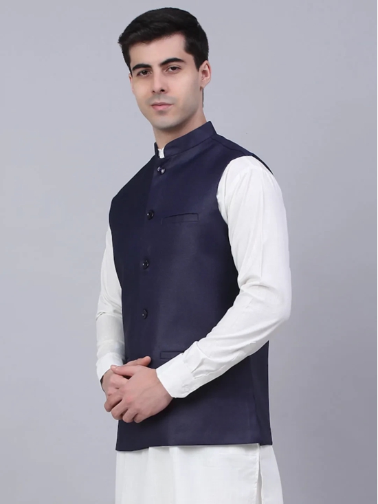 Men Navy Blue Solid Woven Sleeveless Nehru Jackets-S / Navy-Blue