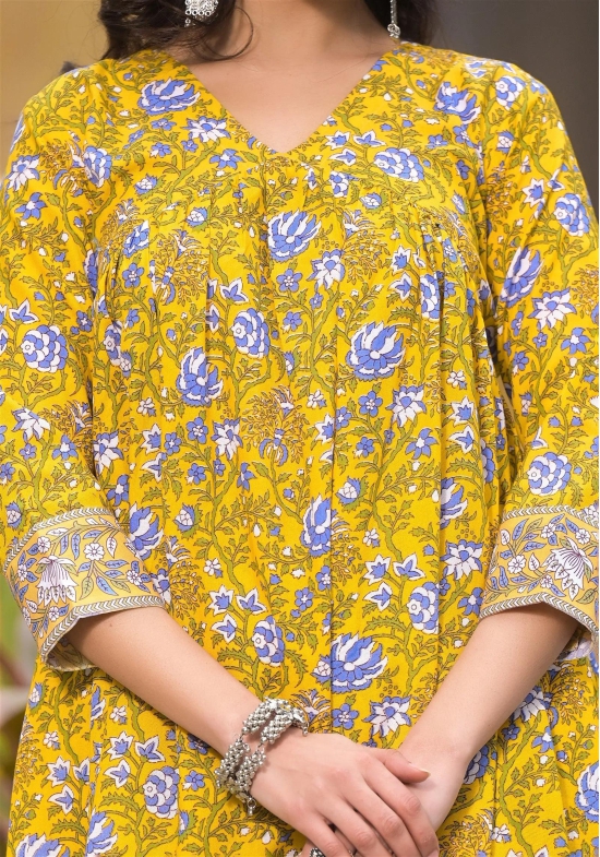 Block Printed Kurta and Pant Set with Dupatta in Yellow Color for Women-XL