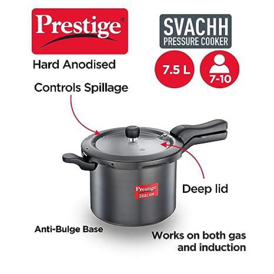 Prestige Svachh Hard Anodised Spillage Control Pressure Cooker, 7.5 L (Black)