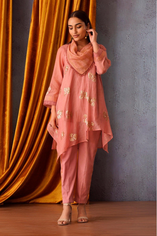 Pink sequin embroidered asymmetric tunic with cowl neck-L / With Pants