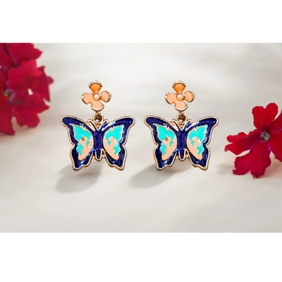 Blue Butterfly Earrings with Flower Studs