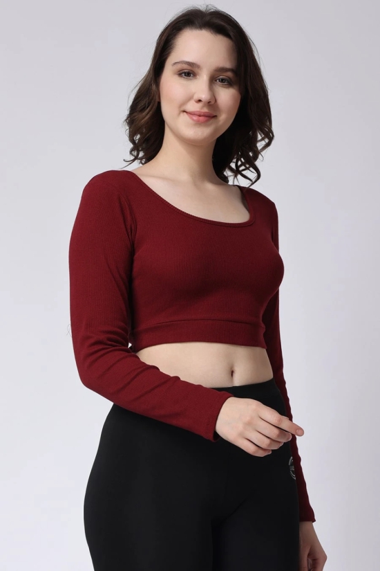 Womens Maroon Gym Rib Long Sleeve Crop Top-M / Maroon