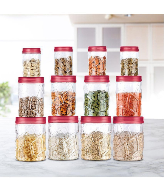 Milton Vitro Plastic Pet Storage Jar and Container, Set of 12 (4 pcs x 270 ml Each, 4 pcs x 665 ml Each, 4 pcs x 1.24 ltrs Each), Red Wine - Red