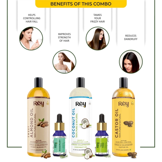 Rey Naturals Complete Hair Care Kit- Castor OilCoconut OilAlmond OilRosemary OilTeatree Oil-Rey Naturals Complete Hair Care Kit- Castor Oil+Coconut Oil+Almond Oil+Rosemary Oil+Teatree Oil