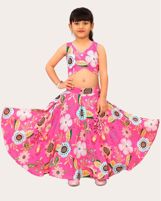 Kids Girls Sleeveless Rayon Top With Digital Printed Lehenga Set| Readymade | Suitable For Girls-Pink / 6 Years-7 Years