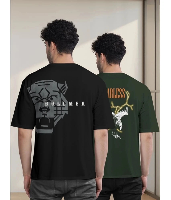 BULLMER Cotton Blend Oversized Fit Printed Half Sleeves Mens T-Shirt - Olive ( Pack of 2 ) - None