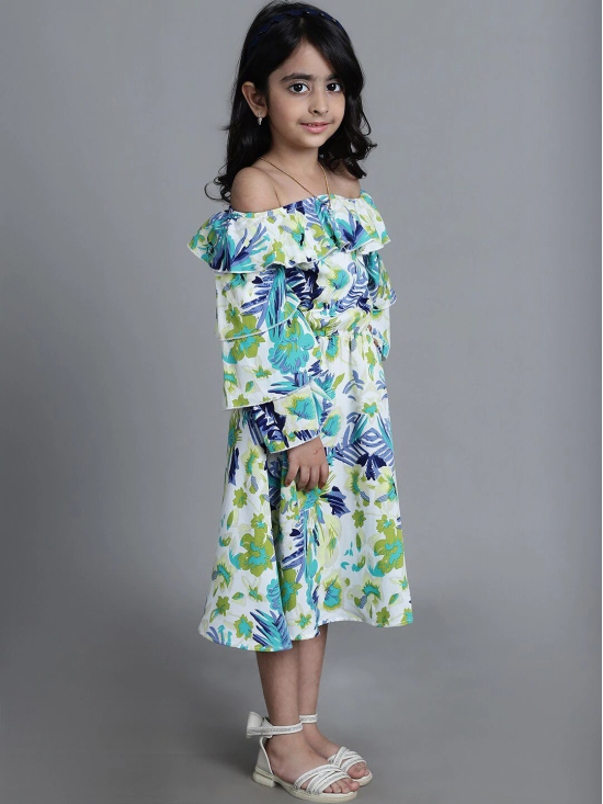 MINI & MING Girls Floral Printed Off-Shoulder Bell Sleeve Crepe A-Line Midi Dress