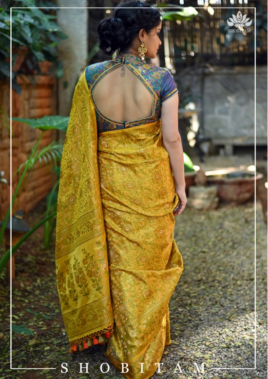 Exquisite Tanchoi Floral Banarasi Saree in Pure Silk Satin in Pale Mustard | SILK MARK CERTIFIED