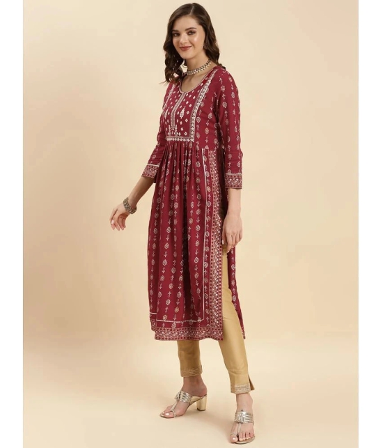 Rangita Women Rayon Maroon Yoke Embroidered Calf Length Nayra Style Kurti - None