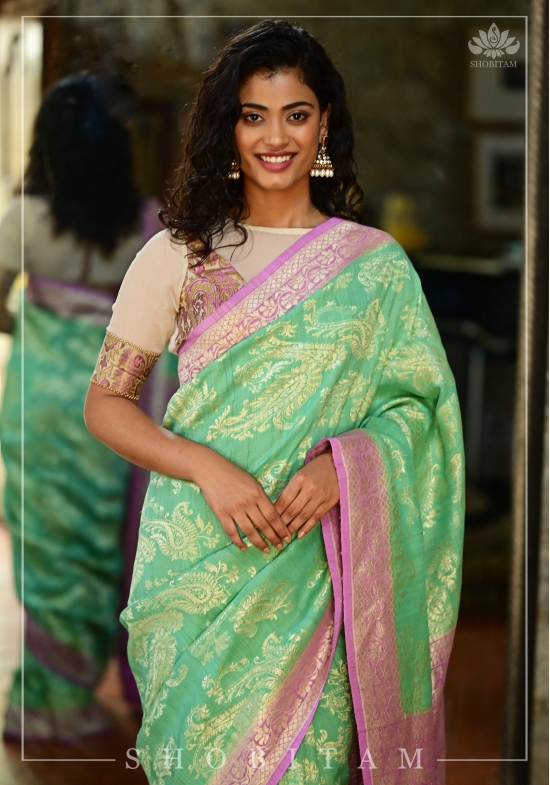 Exquisite Tussar Georgette Silk Saree in Sea Green and Lilac with Silver Paisley Jaal | SILK MARK CERTIFIED