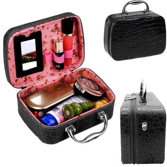 BLACK Makeup Suitcase, Cosmatics Bag Accessoriesrise Cosmetic Makeup Travelling box for Women Zipper Jewellery Organizer Box Travel Toiletry Case Storage Bag Toiletry Box with Compact Magnifying Mirror for Travel