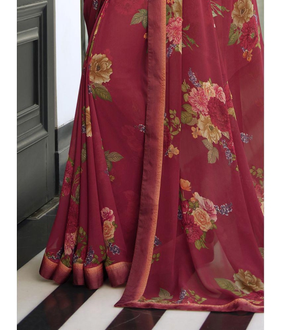 Rangita Georgette Floral Printed Saree With Lace Border & Blouse Piece - Maroon - Maroon