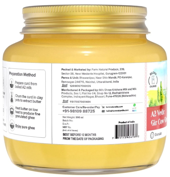 Farm Naturelle A2 Pure Gir Cow Ghee 200ml + 50ml Extra In Glass Bottle | Extra Engraved Virgin Wooden Spoon| 100% Desi Gir Cow Ghee | Vedic Bilona Method-Curd Churned-Golden | Lab Tested Grainy & Aromatic, Keto Friendly | Non-GMO Grassfed, Premium & Tradi